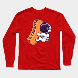 Cute Astronaut With Hot Dog Cartoon Long Sleeve T-Shirt